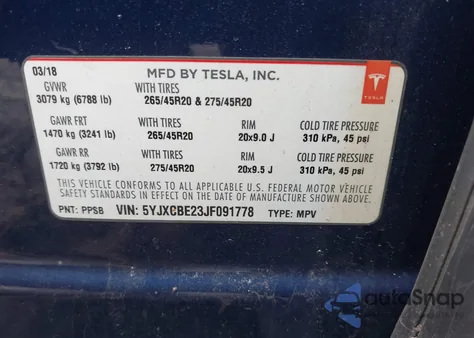 2018 Tesla Model X 100D/75D/P100D from USA, damaged, VIN 5YJXCBE23JF091778